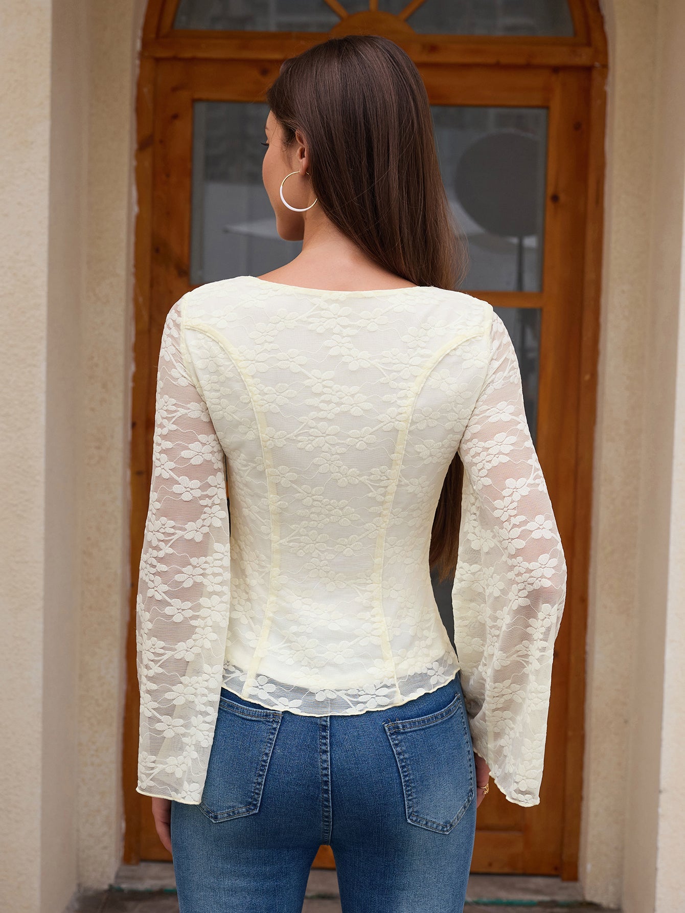 Square Neck Flared Sleeve Tie Front Lace Top