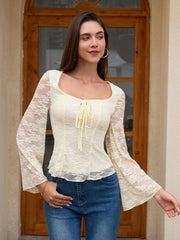 Square Neck Flared Sleeve Tie Front Lace Top