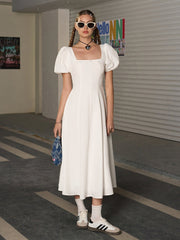 Square Neck Puff Sleeve Ruched Bust Midi Dress