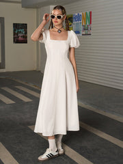 Square Neck Puff Sleeve Ruched Bust Midi Dress