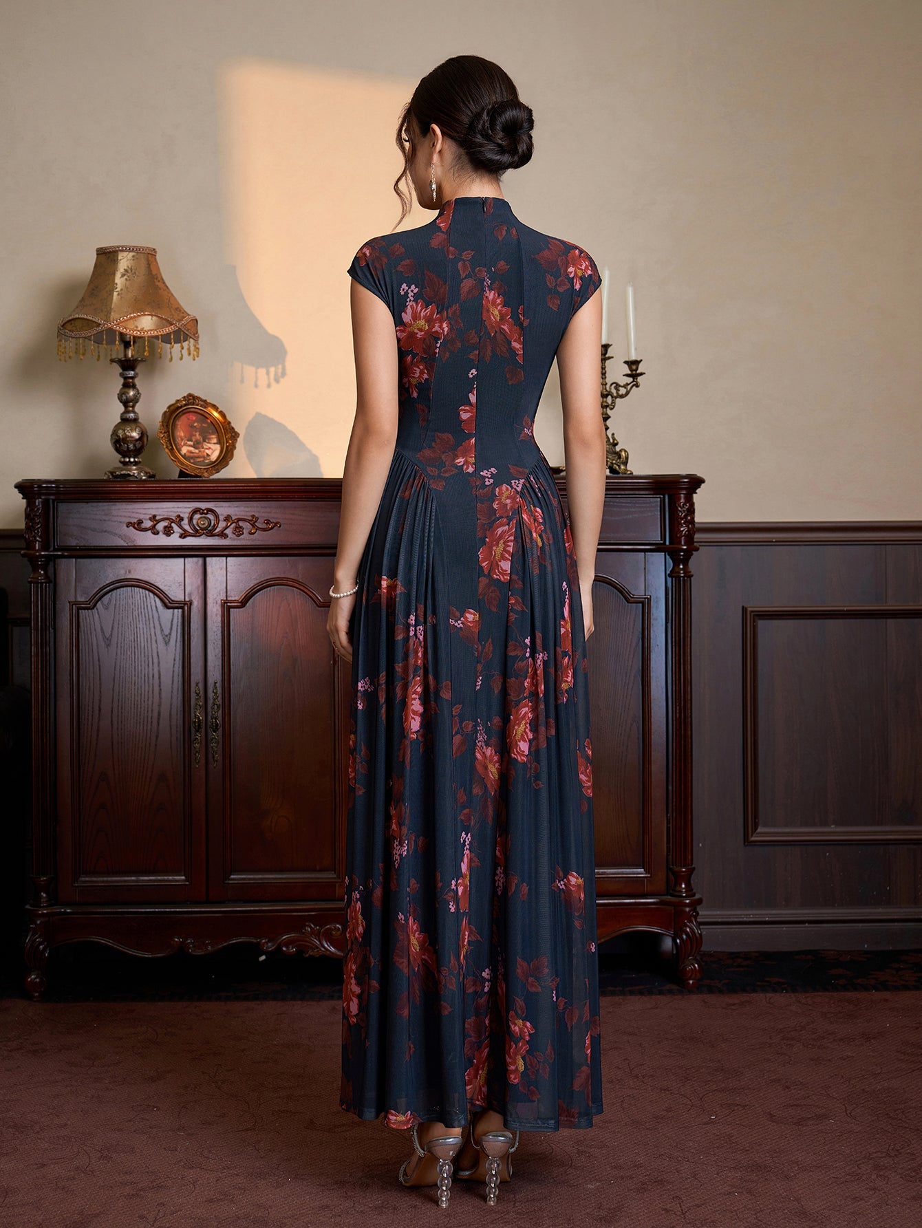 Stand Collar Neck Flared Hem Floral Print Mesh Dress