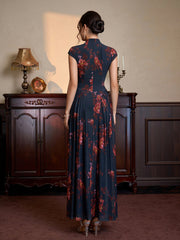 Stand Collar Neck Flared Hem Floral Print Mesh Dress