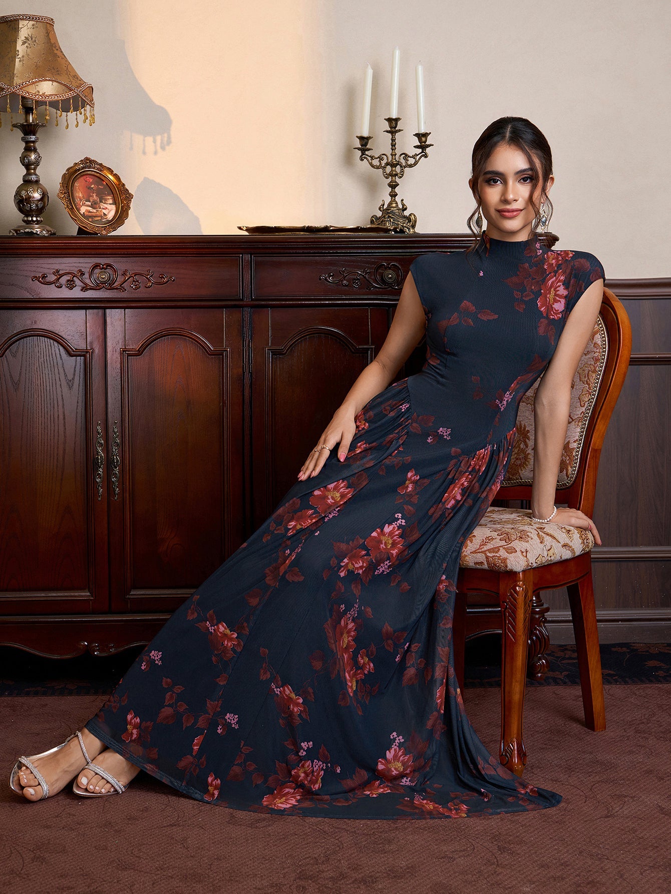 Stand Collar Neck Flared Hem Floral Print Mesh Dress