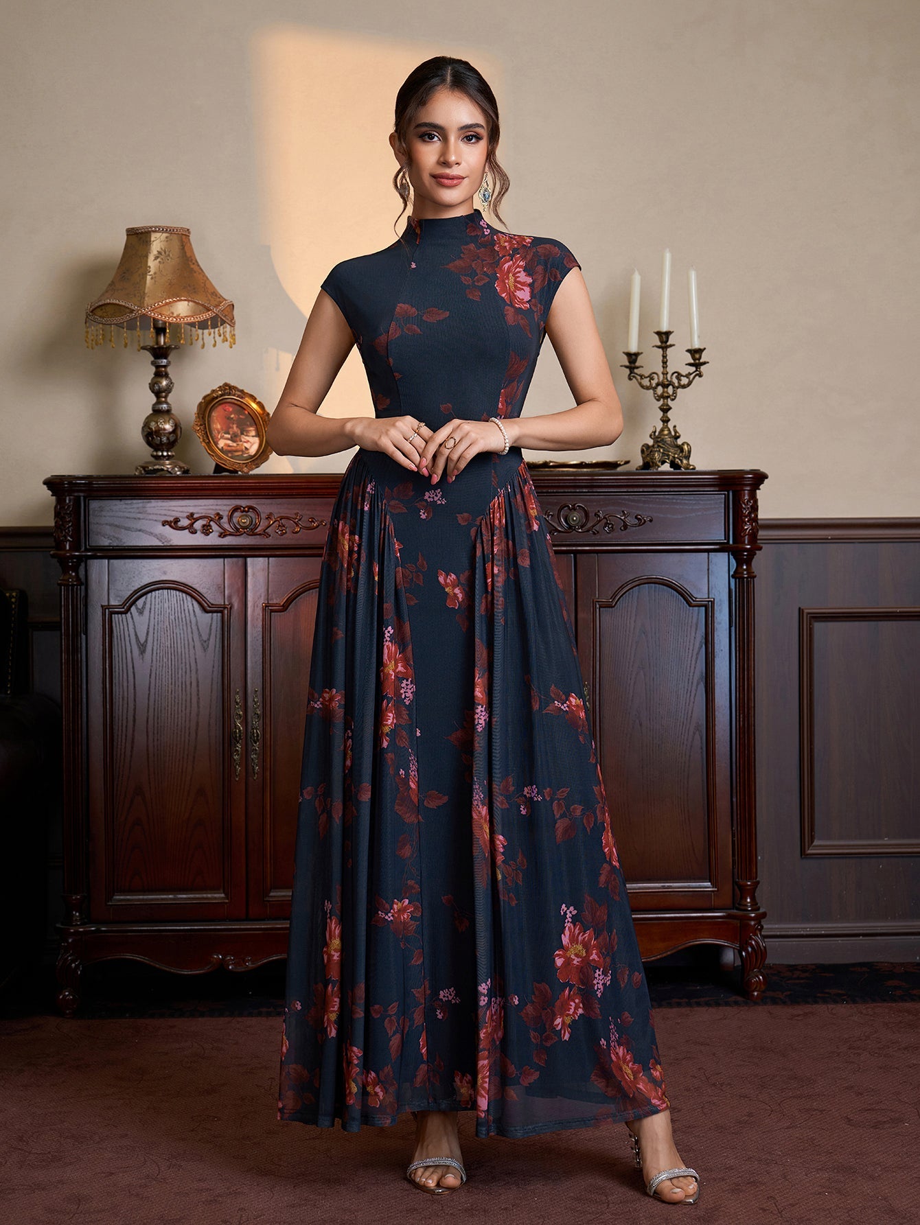 Stand Collar Neck Flared Hem Floral Print Mesh Dress