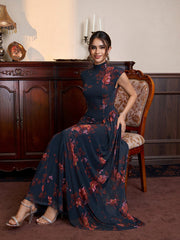 Stand Collar Neck Flared Hem Floral Print Mesh Dress
