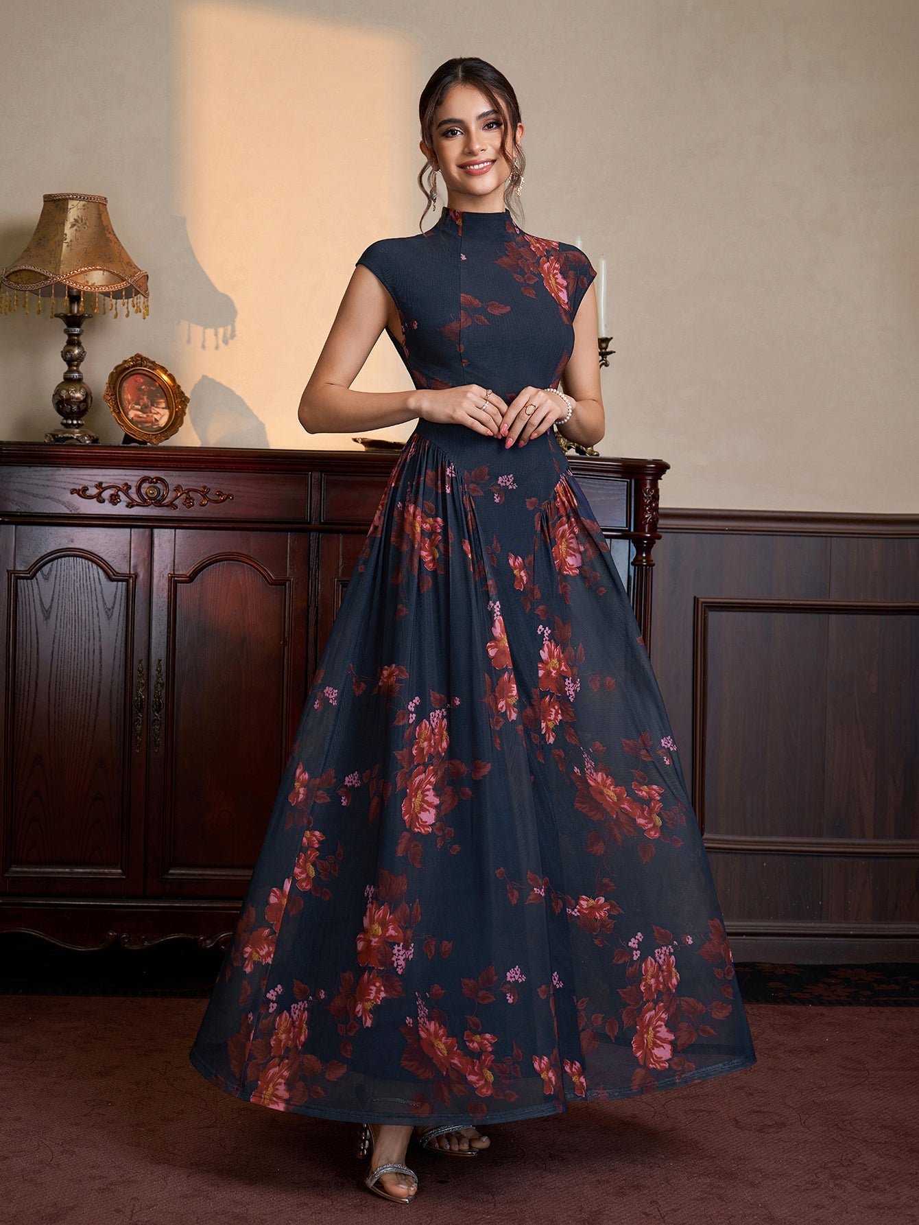 Stand Collar Neck Flared Hem Floral Print Mesh Dress