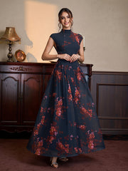 Stand Collar Neck Flared Hem Floral Print Mesh Dress