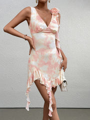 Stereo Flower Tie Dye Asymmetrical Hem Dress