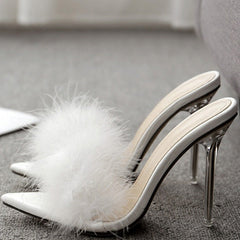 Stiletto High Heel Pointed Slide Sandals With Fur
