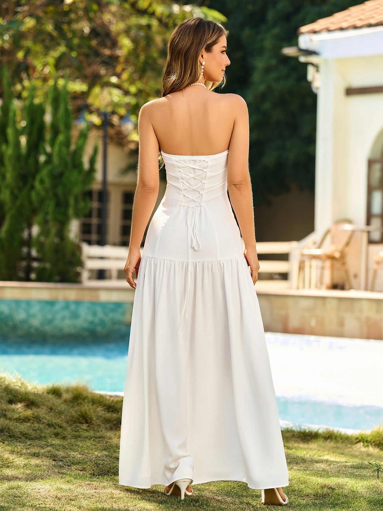 Strapless Crisscross Tie Back Split Thigh Solid Dress