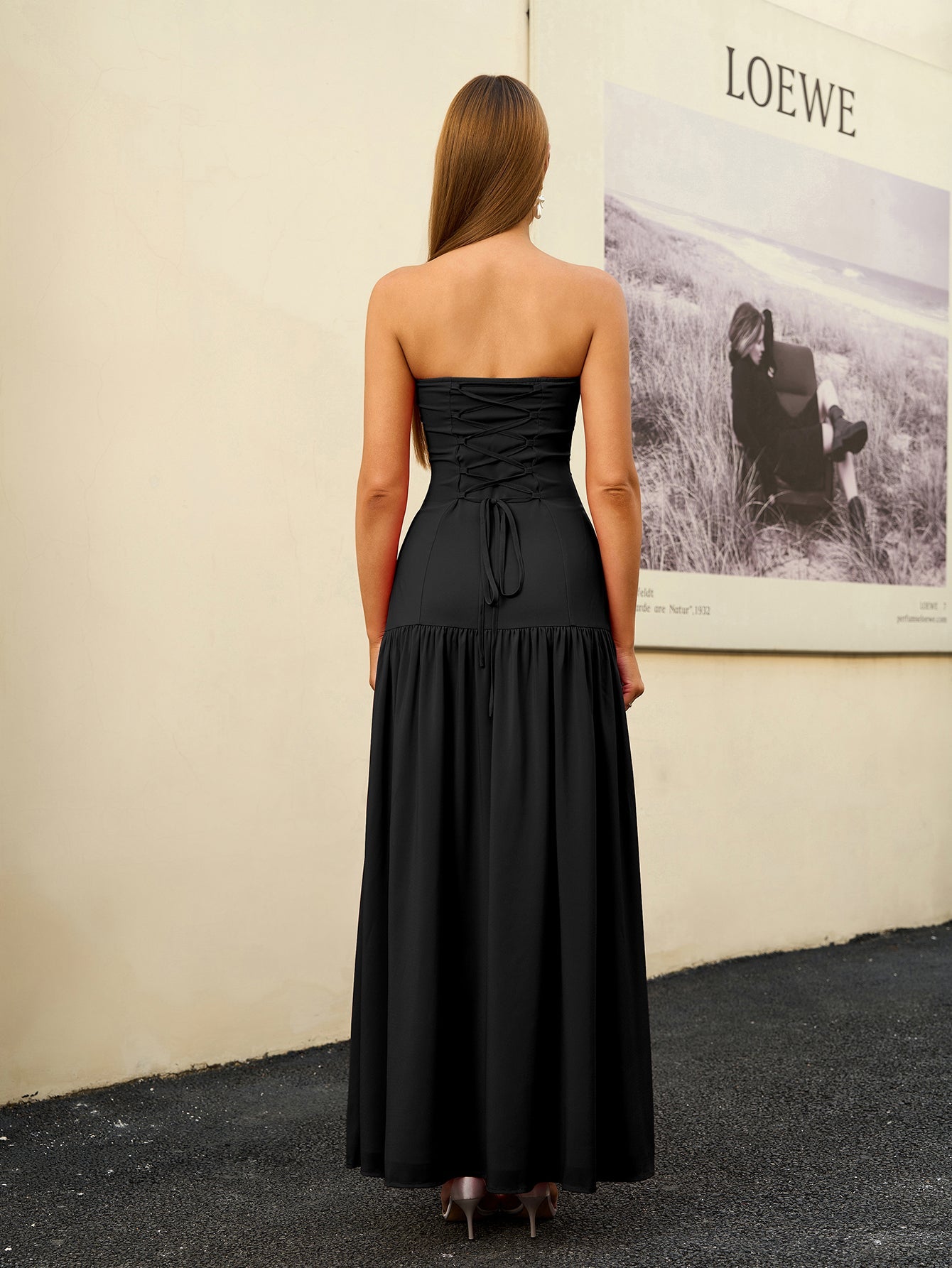 Strapless Crisscross Tie Back Split Thigh Solid Dress