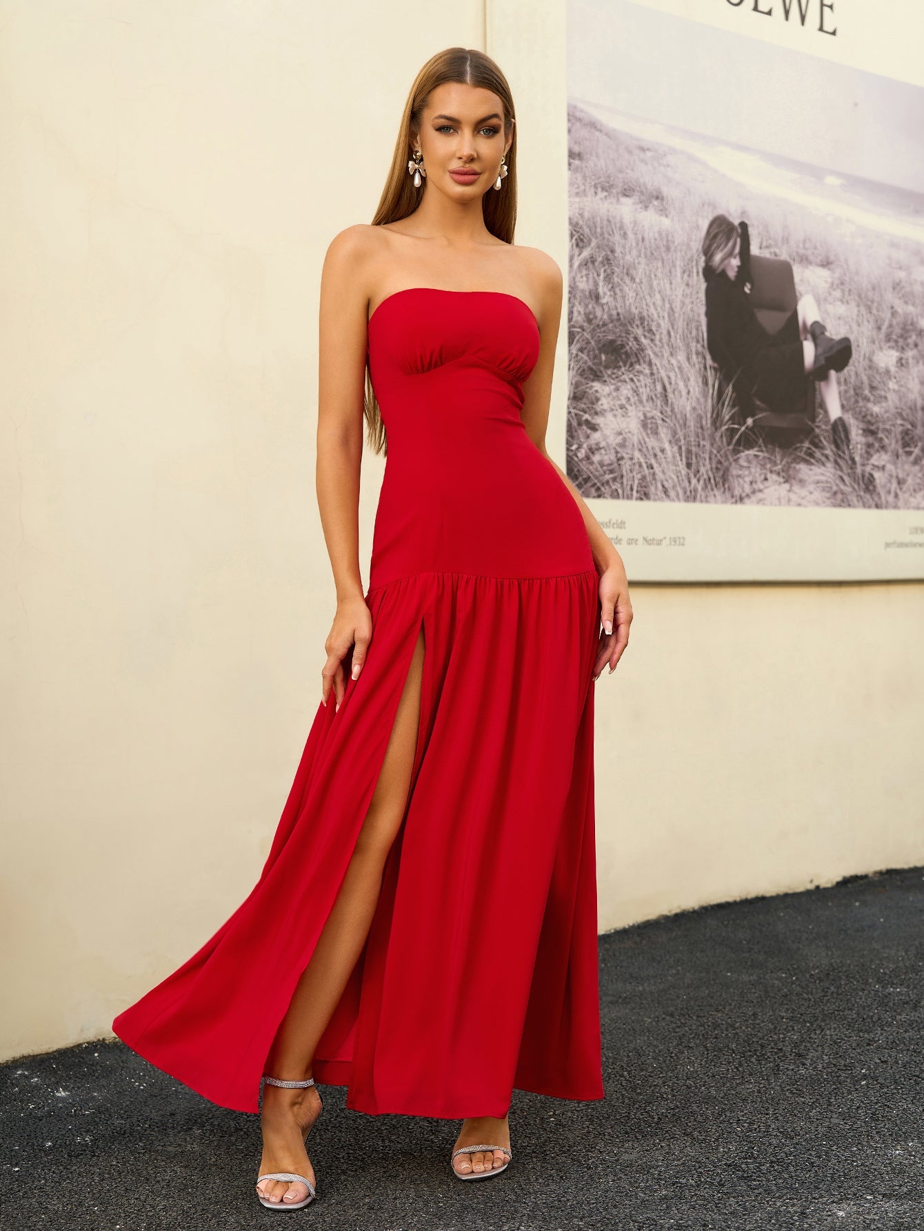 Strapless Crisscross Tie Back Split Thigh Solid Dress