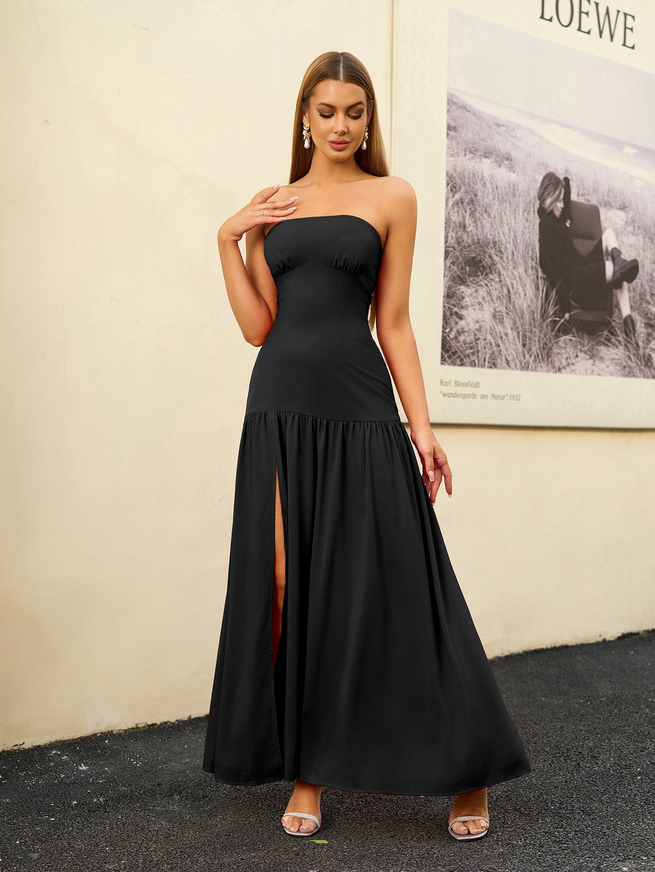 Strapless Crisscross Tie Back Split Thigh Solid Dress
