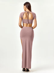 Tie Back Cut Out Crop Top&Split Thigh Bodycon Skirt