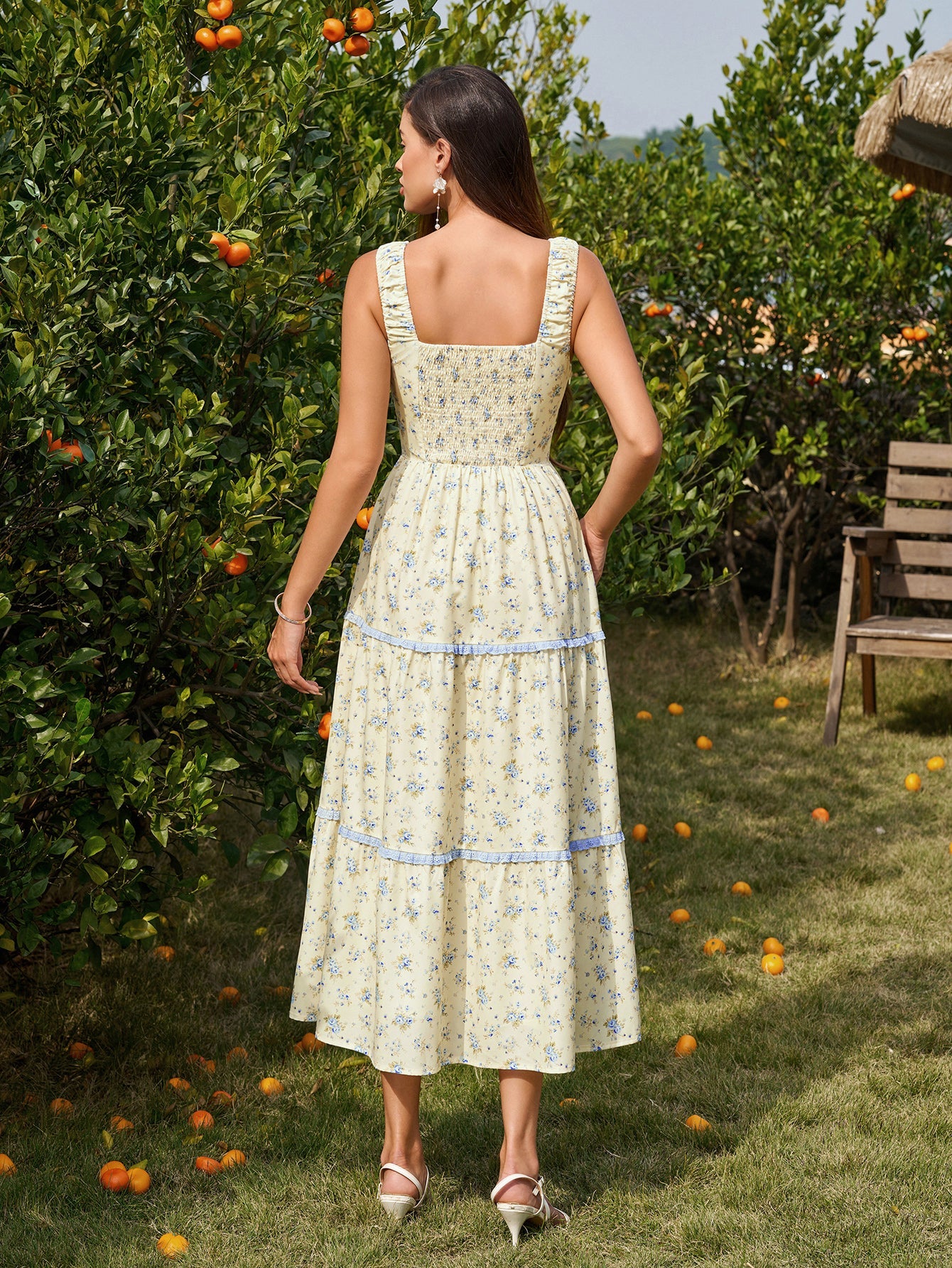Tie Front Lace Trim Ruched Floral Print Dress