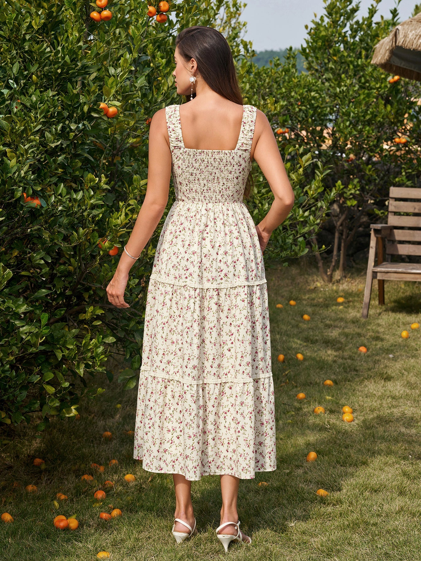 Tie Front Lace Trim Ruched Floral Print Dress