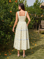 Tie Front Lace Trim Ruched Floral Print Dress