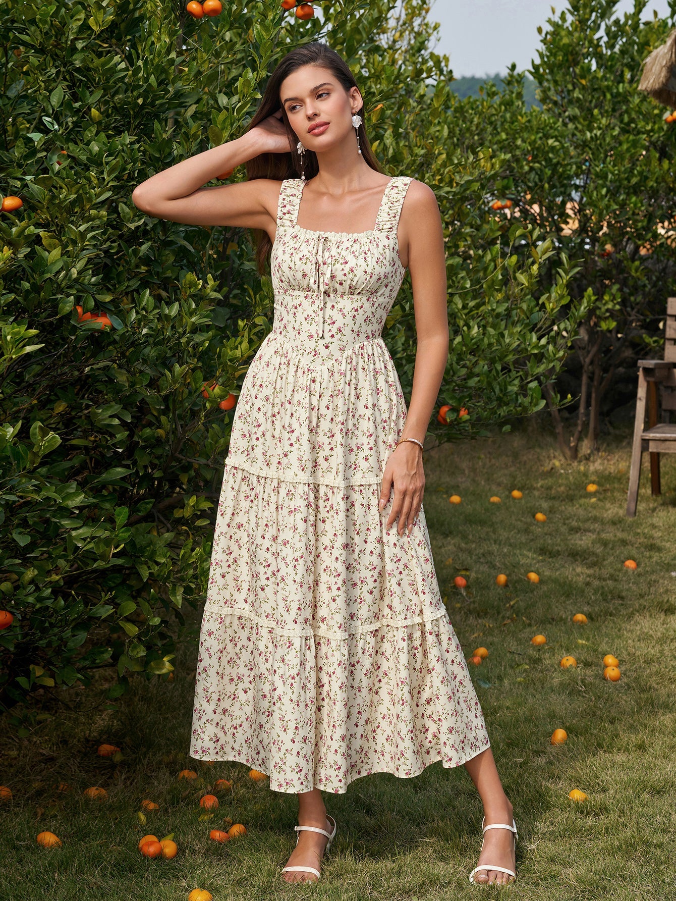 Tie Front Lace Trim Ruched Floral Print Dress