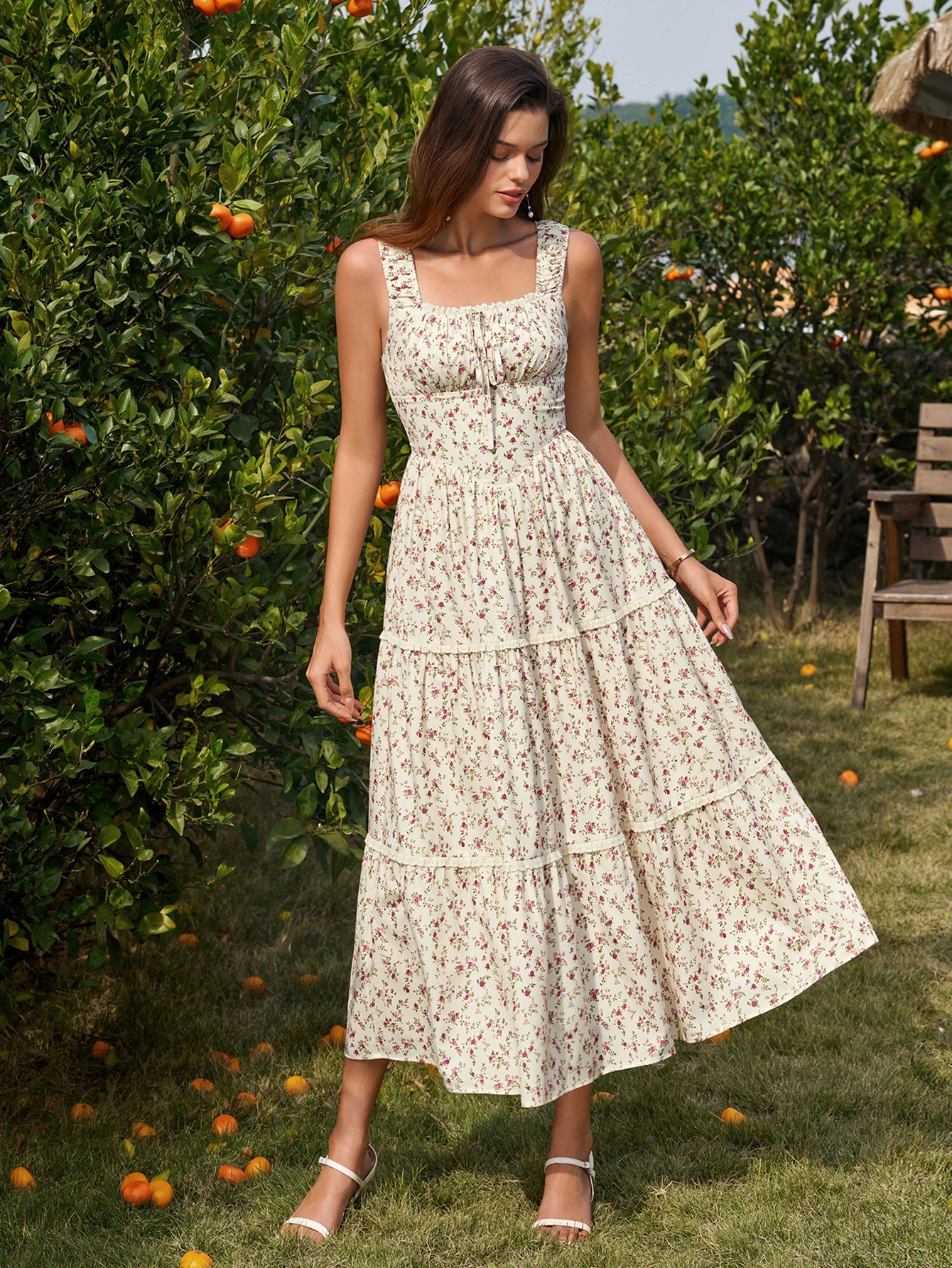 Tie Front Lace Trim Ruched Floral Print Dress