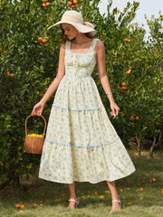 Tie Front Lace Trim Ruched Floral Print Dress
