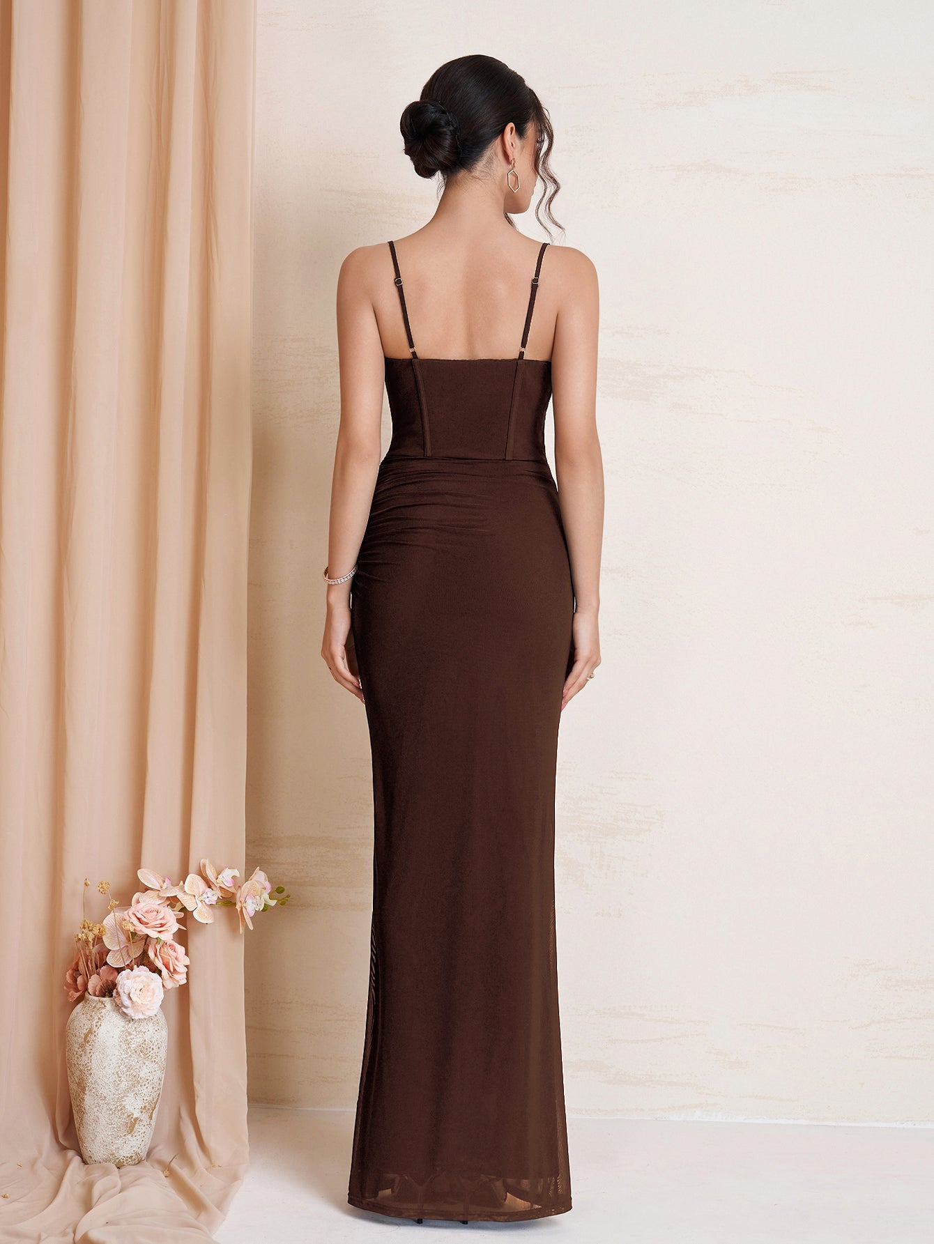Tie Front Ruched Bodycon Mesh Dress