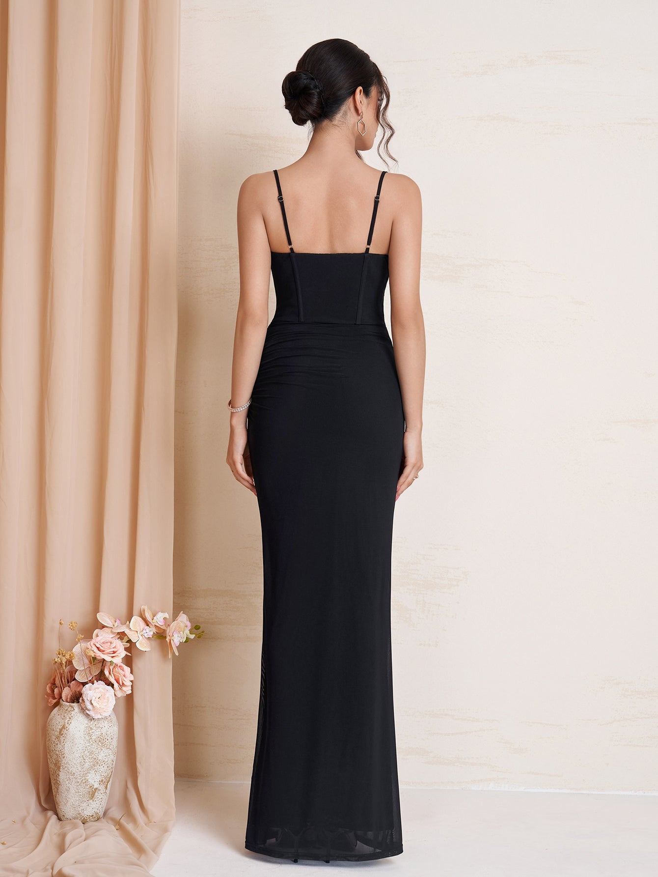 Tie Front Ruched Bodycon Mesh Dress