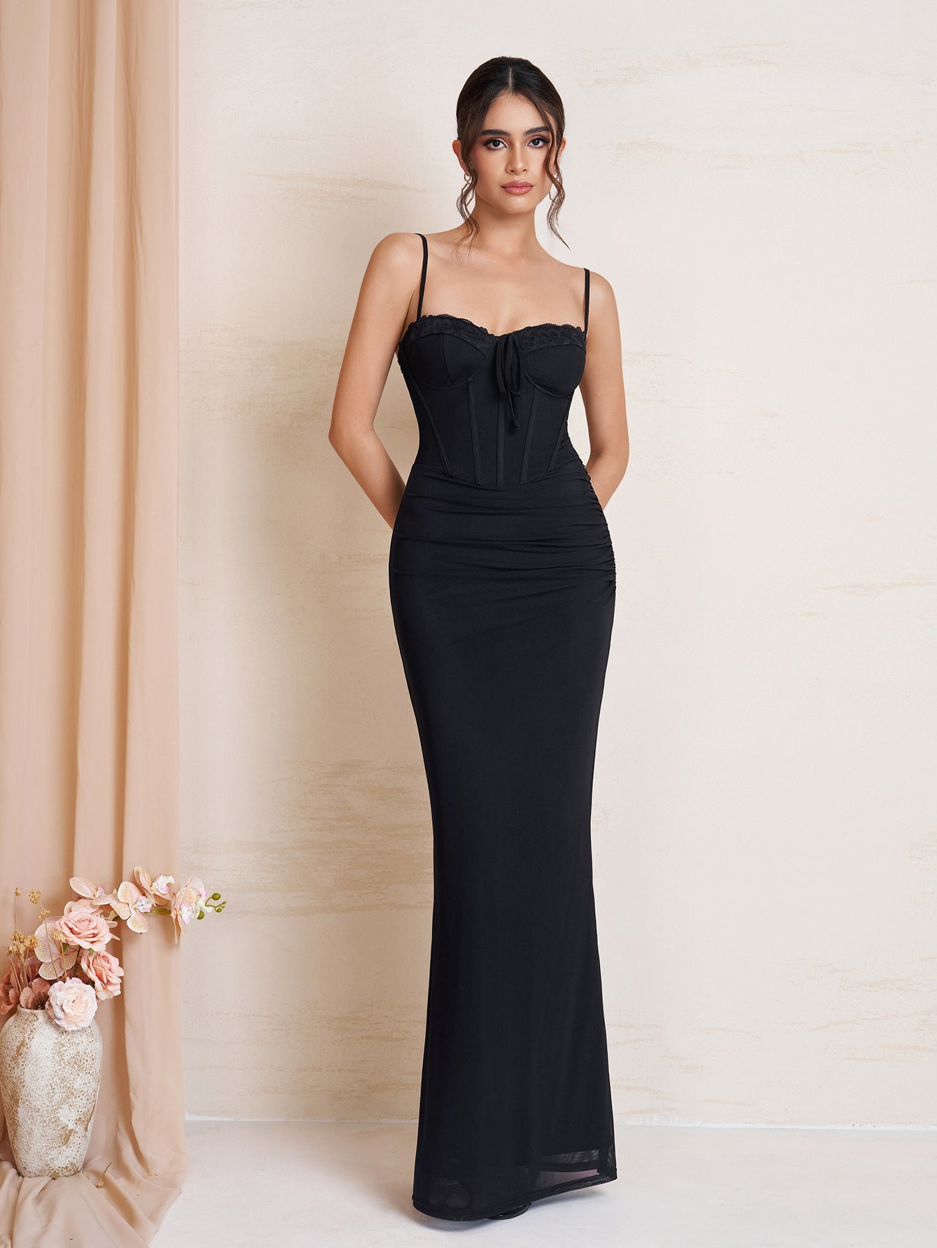 Tie Front Ruched Bodycon Mesh Dress