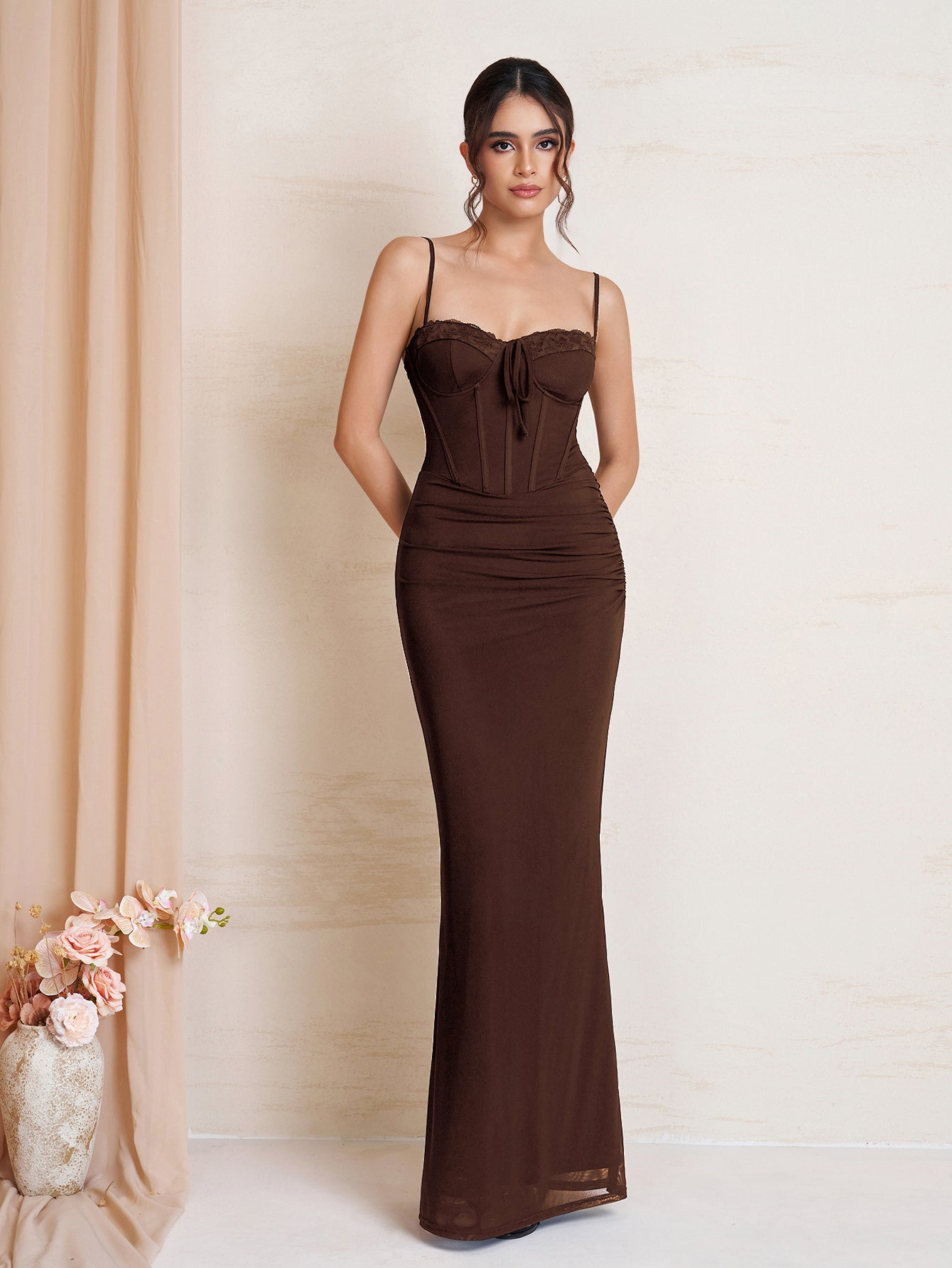 Tie Front Ruched Bodycon Mesh Dress