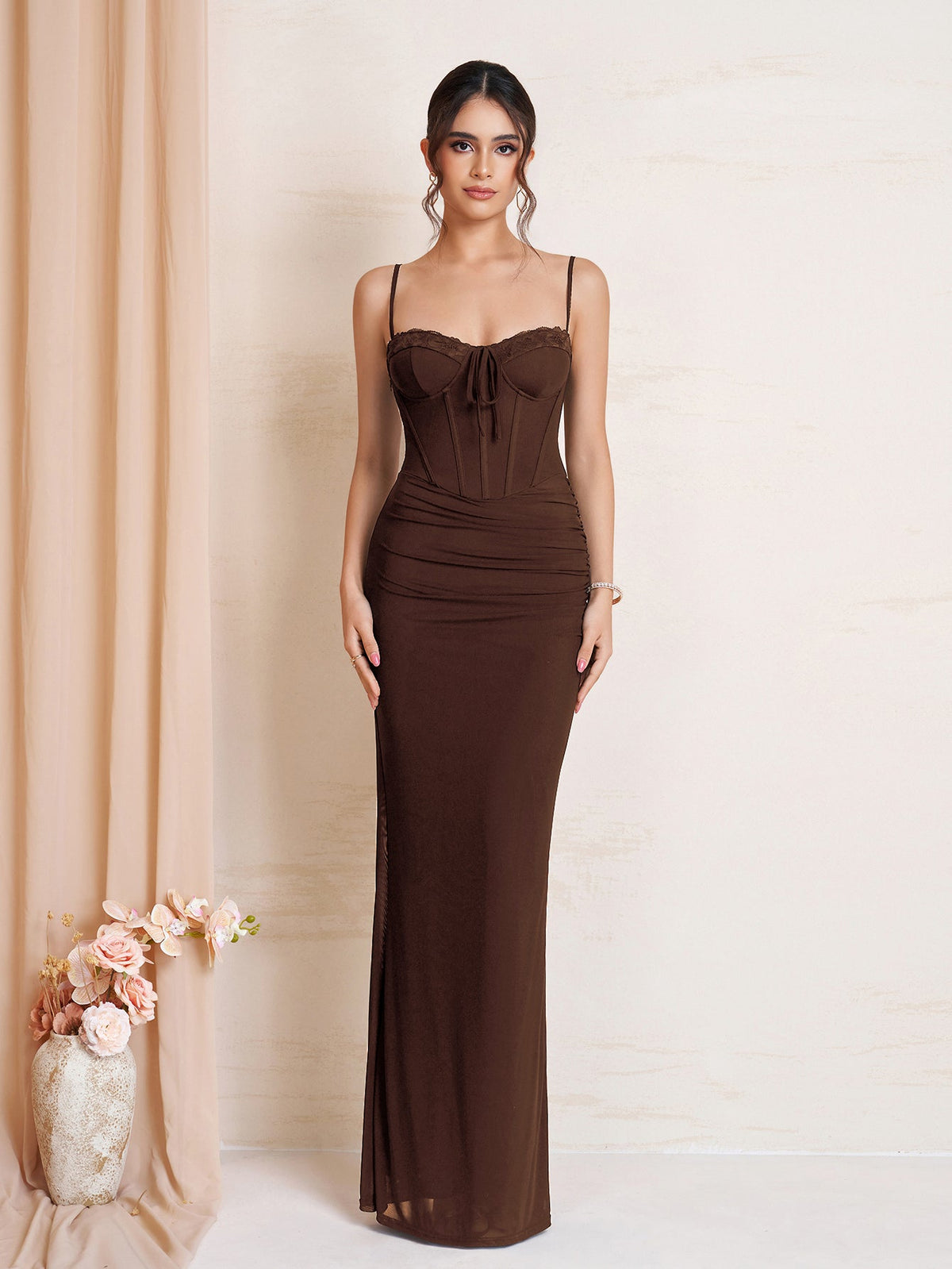 Tie Front Ruched Bodycon Mesh Dress