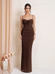 Tie Front Ruched Bodycon Mesh Dress