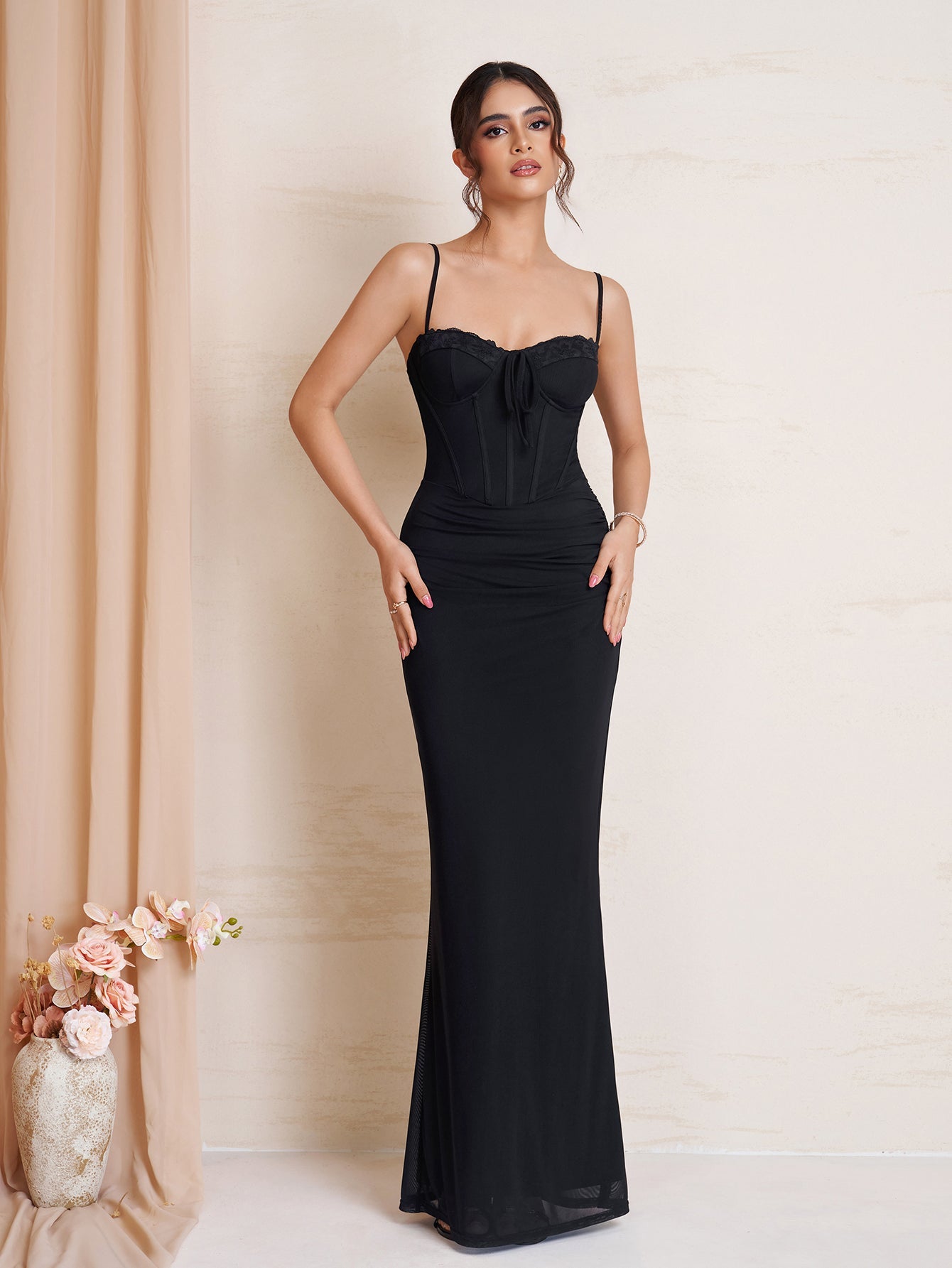 Tie Front Ruched Bodycon Mesh Dress