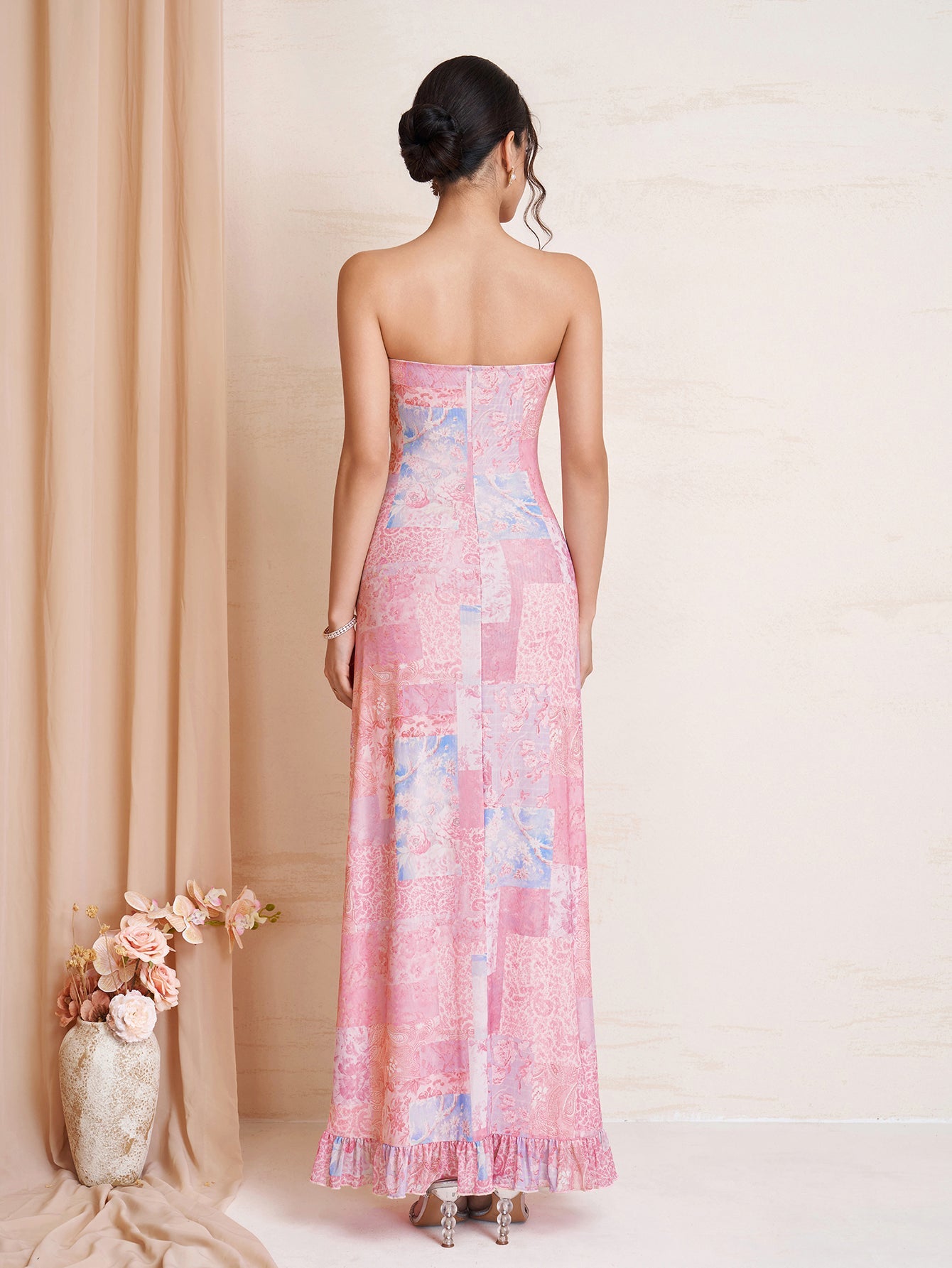 Tie Front Ruched Ruffle Hem Floral Print Tube Dress
