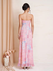 Tie Front Ruched Ruffle Hem Floral Print Tube Dress