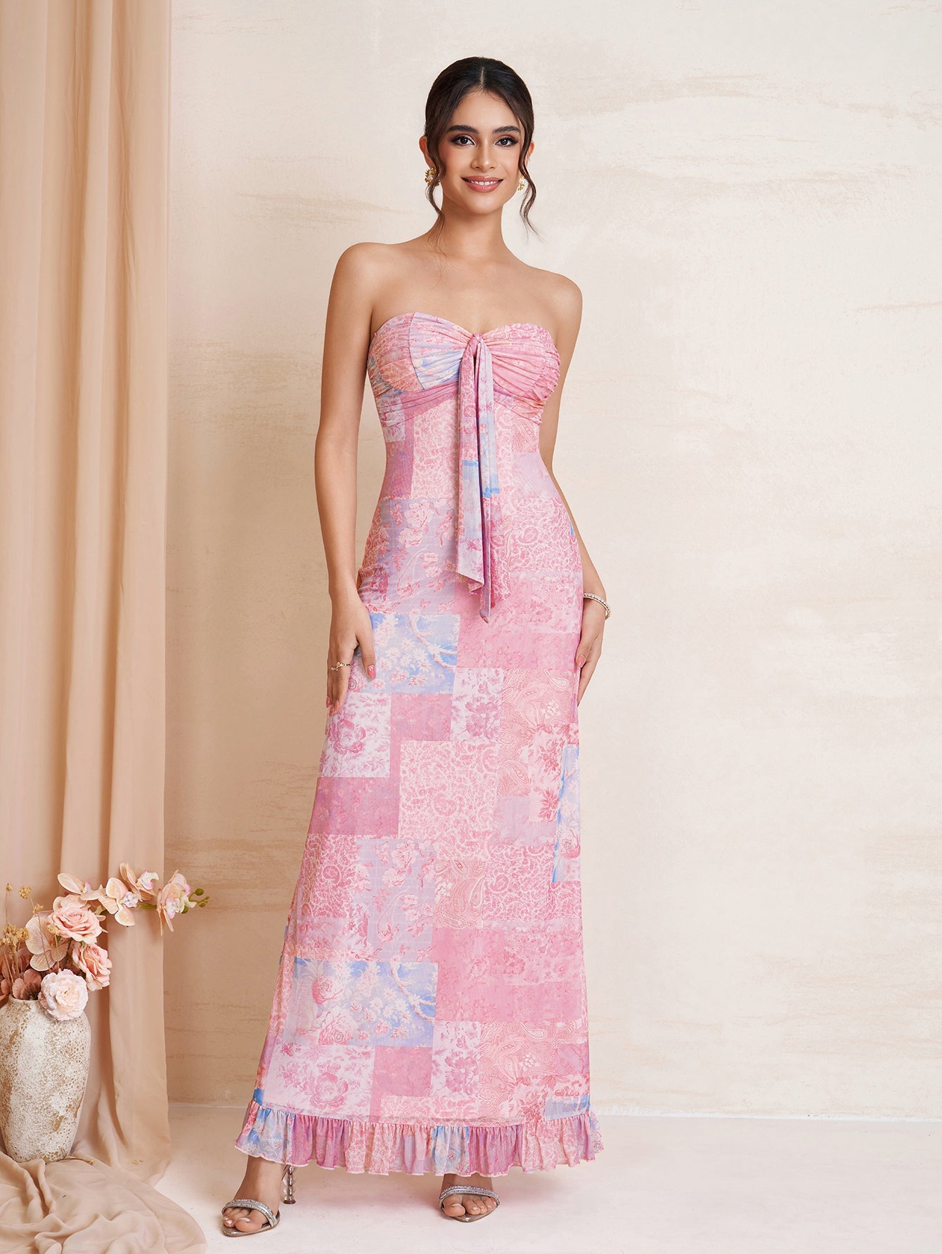 Tie Front Ruched Ruffle Hem Floral Print Tube Dress