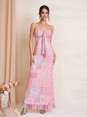 Tie Front Ruched Ruffle Hem Floral Print Tube Dress