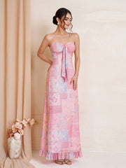 Tie Front Ruched Ruffle Hem Floral Print Tube Dress
