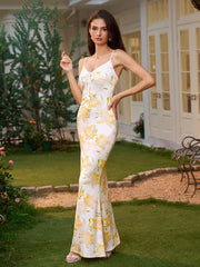 Tie Front V-Neck Lace Spliced Floral Print Mermaid Dress