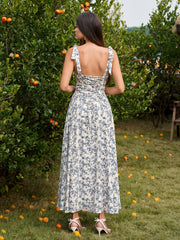 Tie Shoulder Crisscross Back Ruched Bust Floral Print Dress