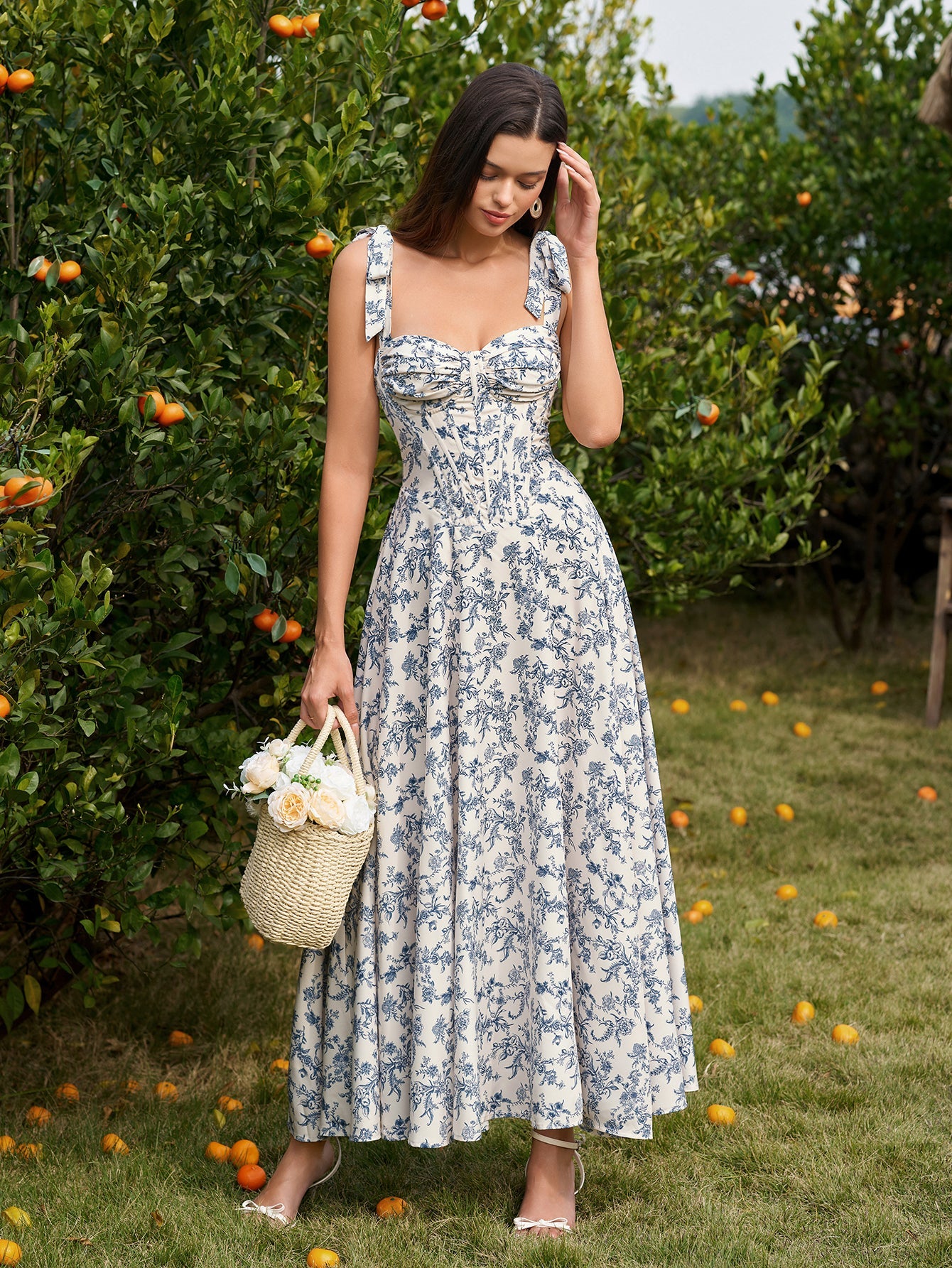 Tie Shoulder Crisscross Back Ruched Bust Floral Print Dress