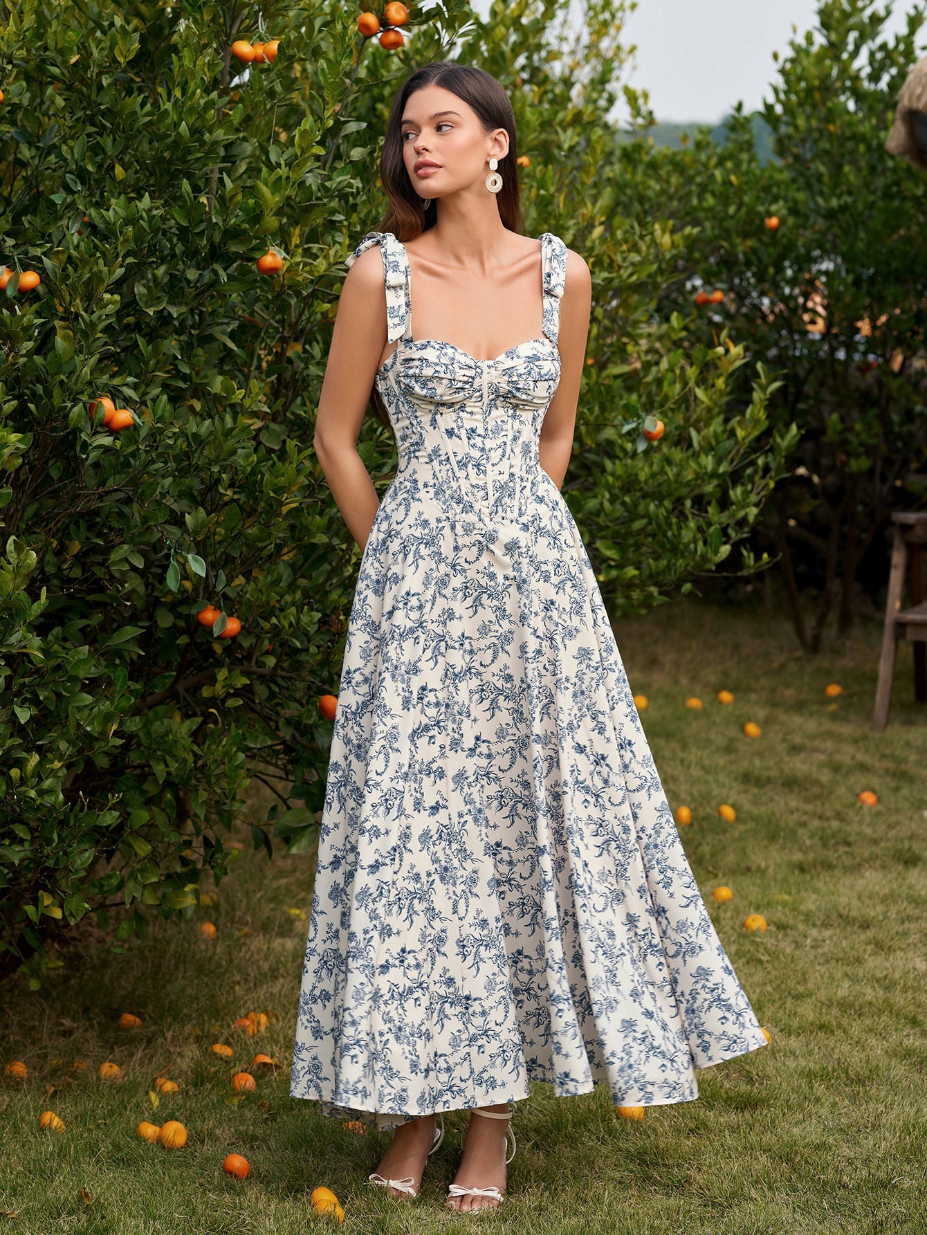 Tie Shoulder Crisscross Back Ruched Bust Floral Print Dress