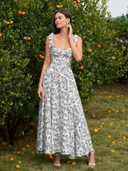 Tie Shoulder Crisscross Back Ruched Bust Floral Print Dress
