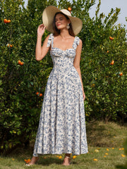 Tie Shoulder Crisscross Back Ruched Bust Floral Print Dress
