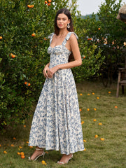 Tie Shoulder Crisscross Back Ruched Bust Floral Print Dress