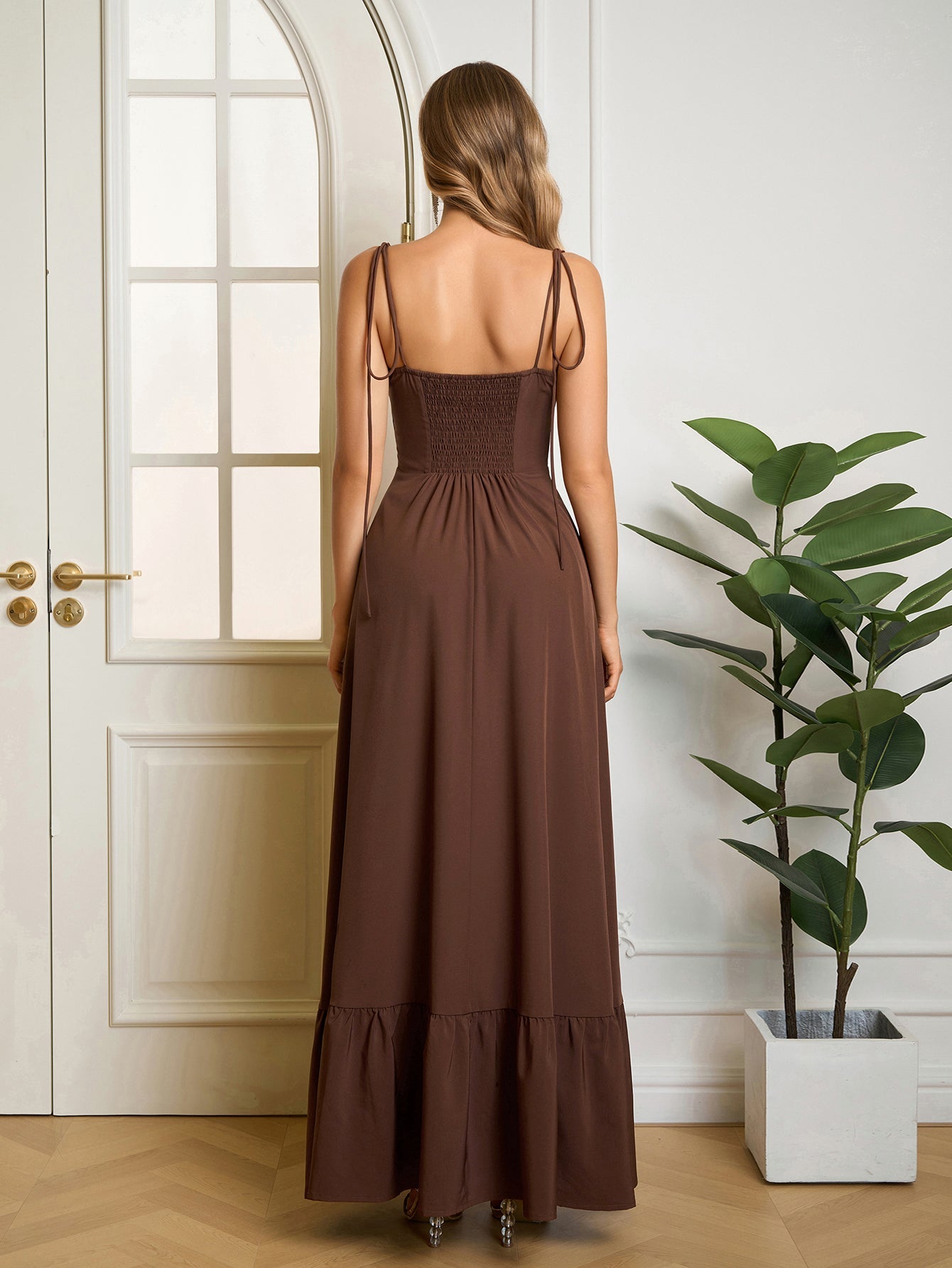 Tie Shoulder Ruched Bust Maxi Solid Dress