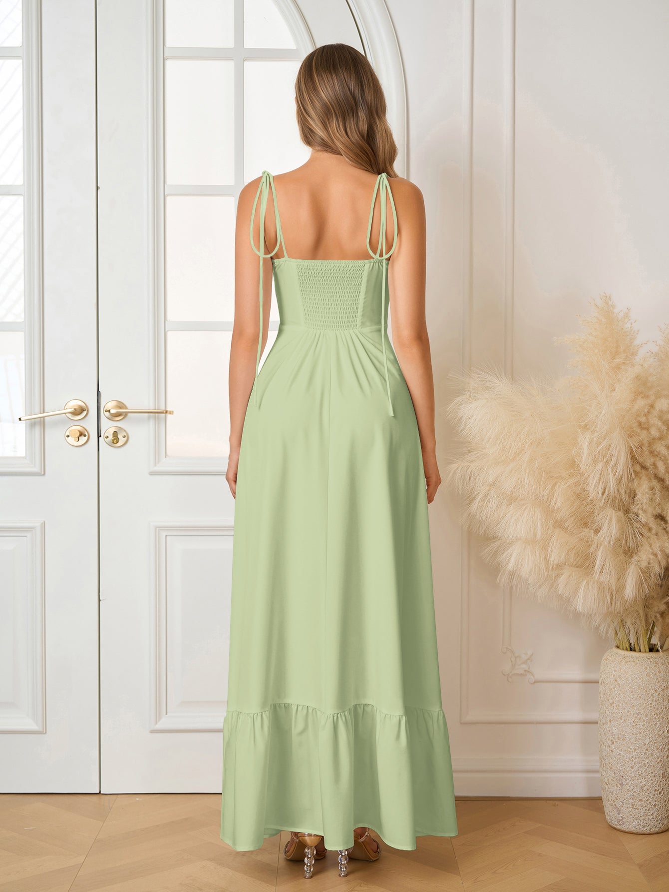 Tie Shoulder Ruched Bust Maxi Solid Dress