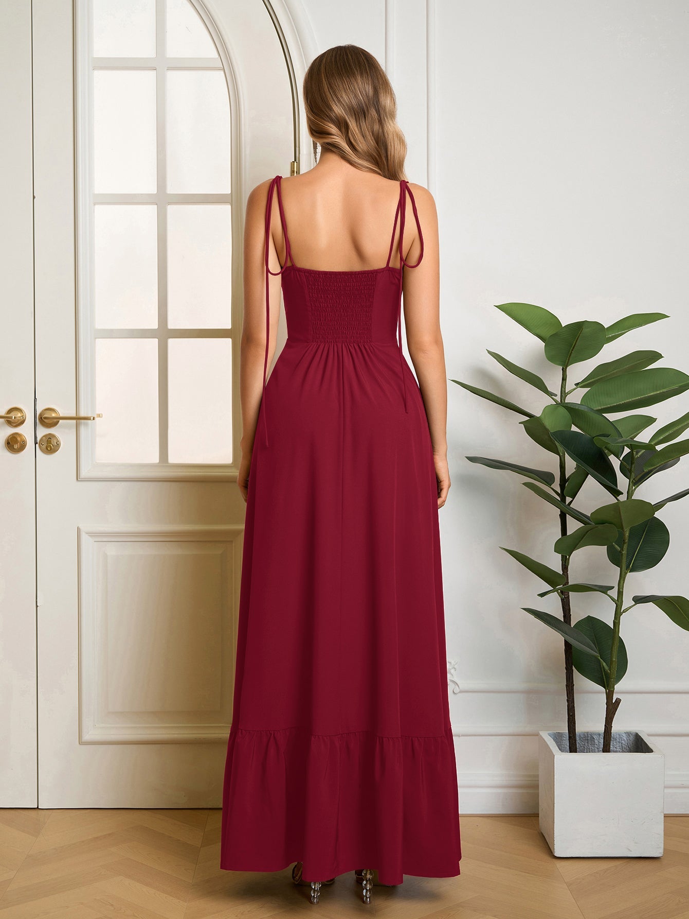 Tie Shoulder Ruched Bust Maxi Solid Dress
