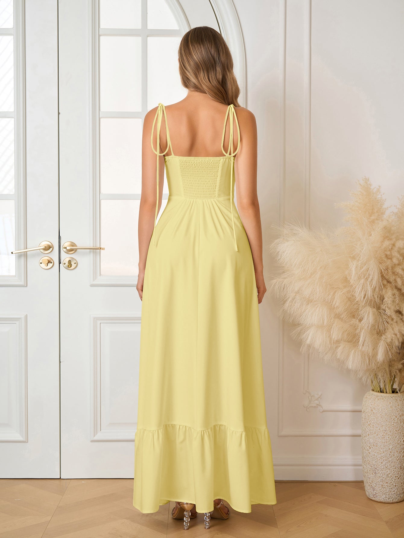 Tie Shoulder Ruched Bust Maxi Solid Dress