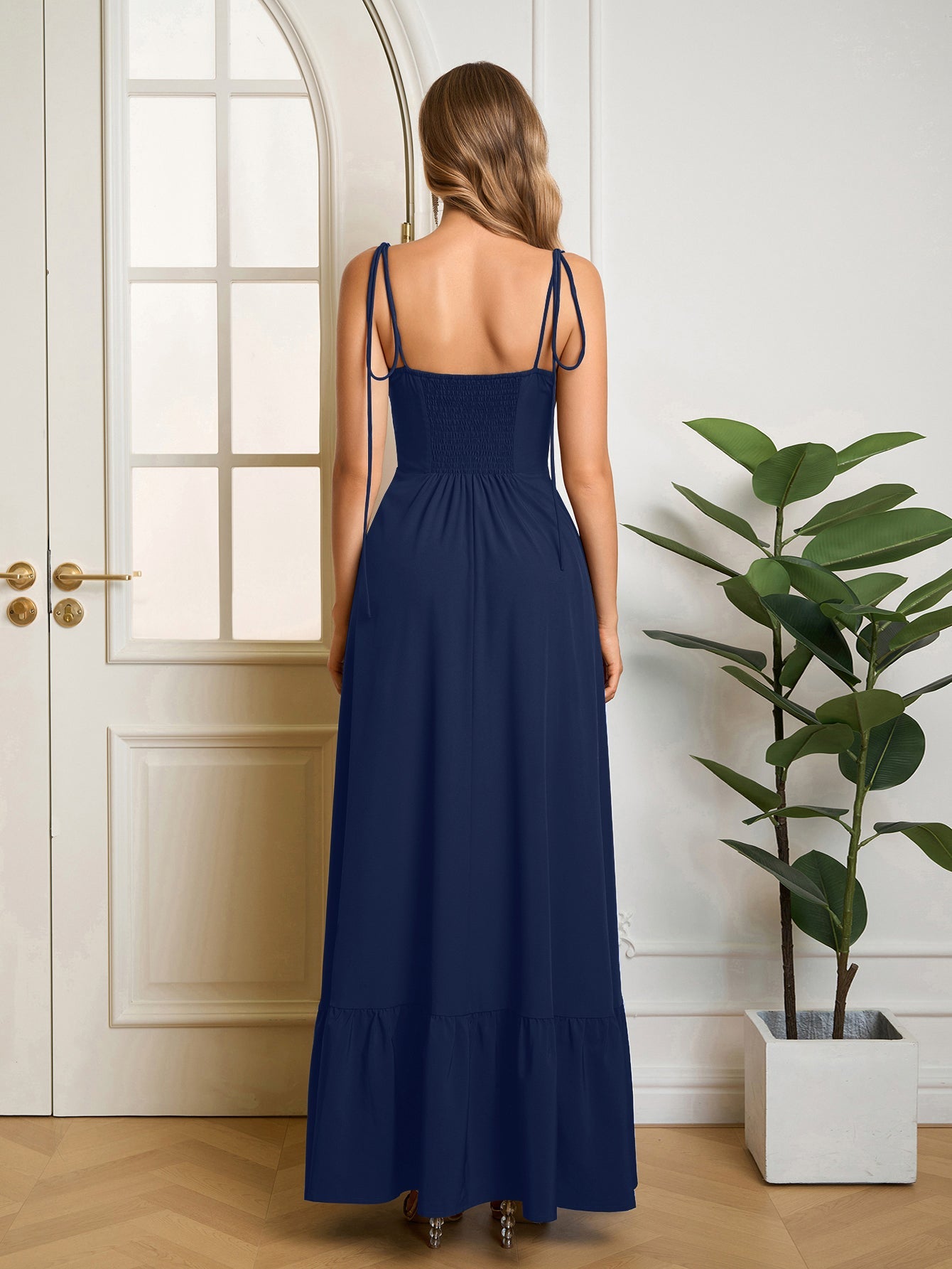 Tie Shoulder Ruched Bust Maxi Solid Dress