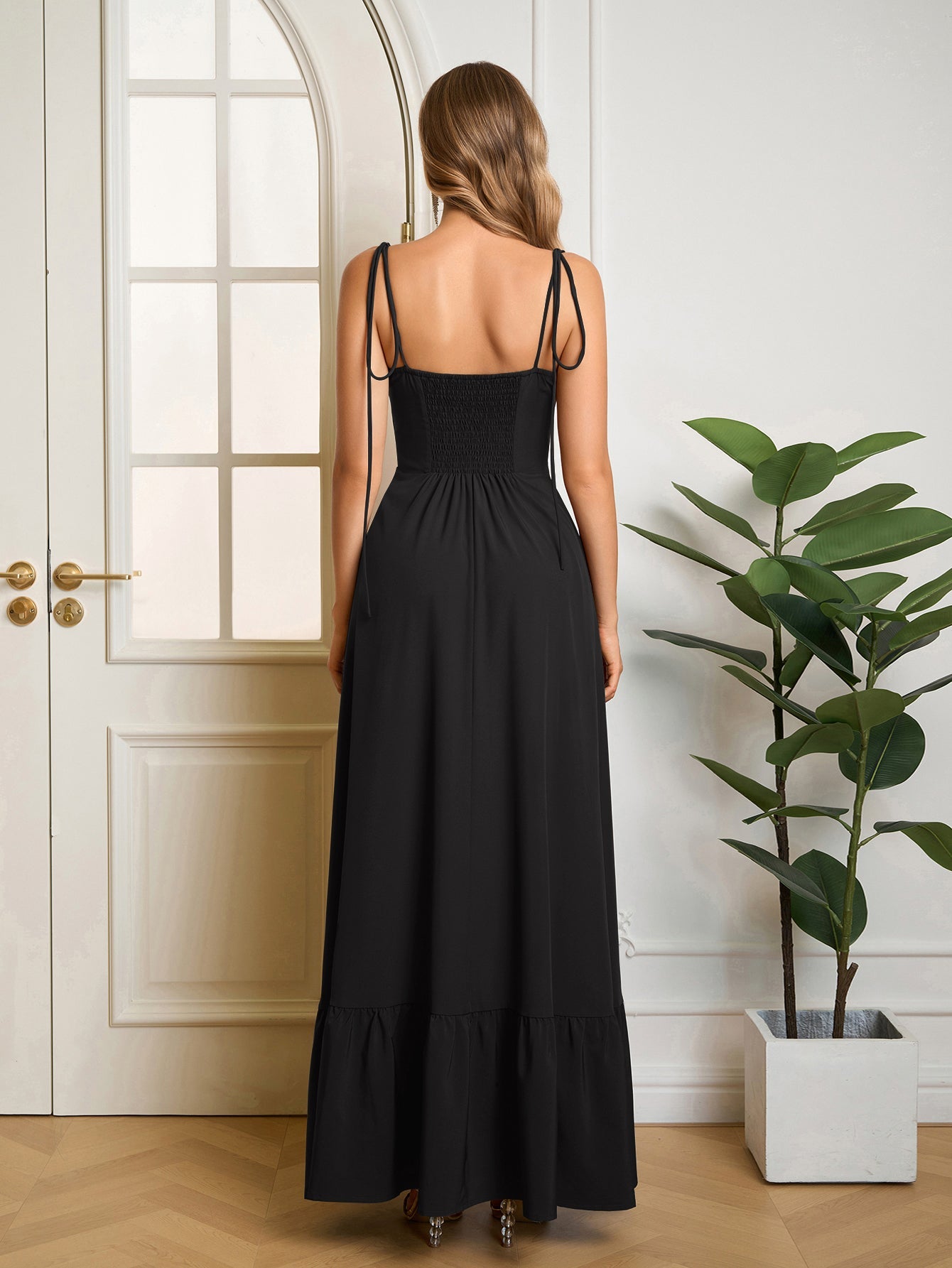Tie Shoulder Ruched Bust Maxi Solid Dress