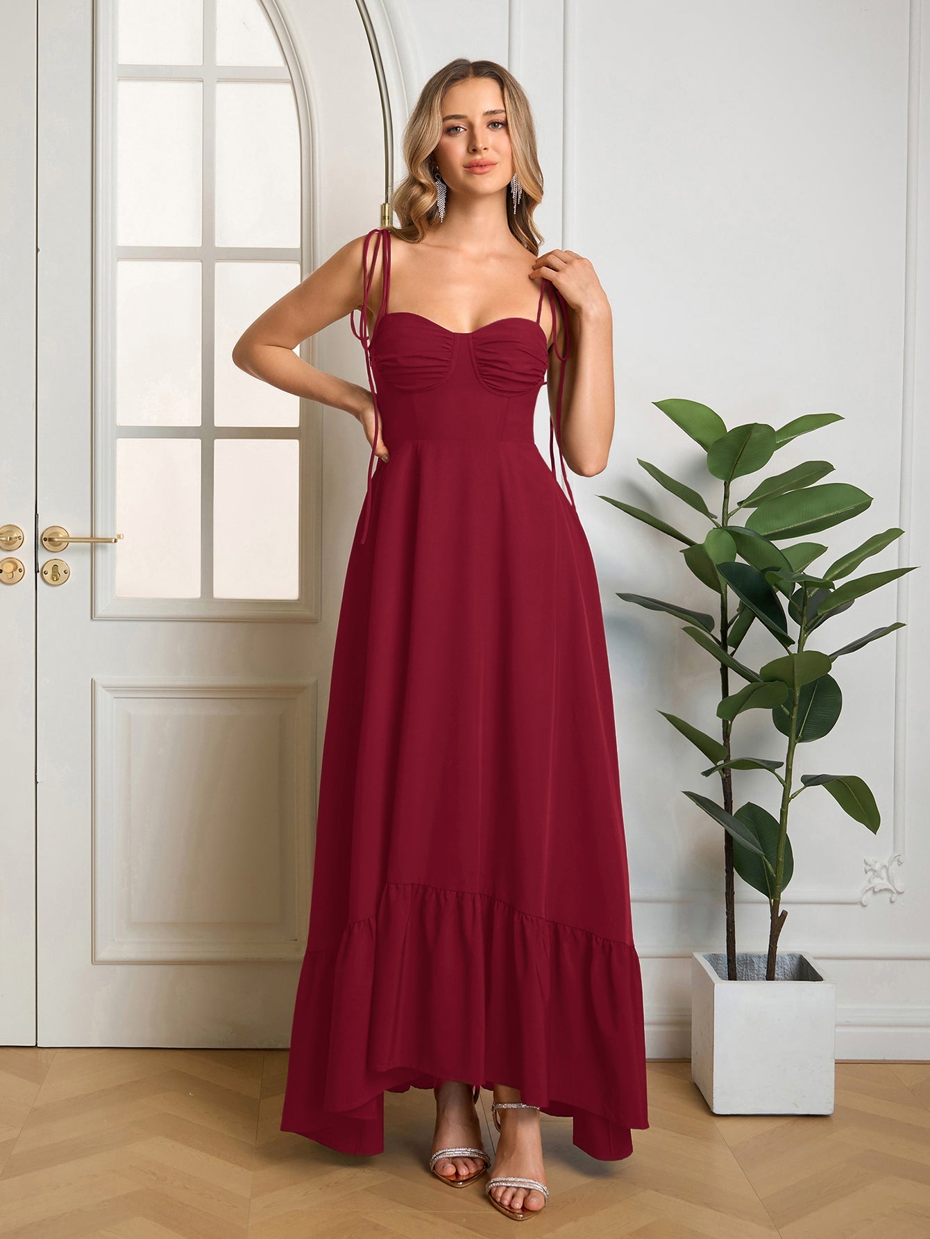 Tie Shoulder Ruched Bust Maxi Solid Dress